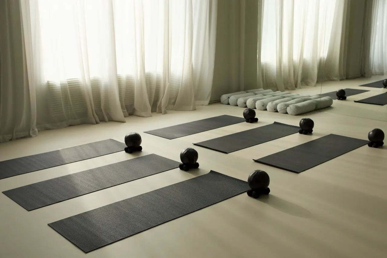An empty studio with exercise mats laid out in rows