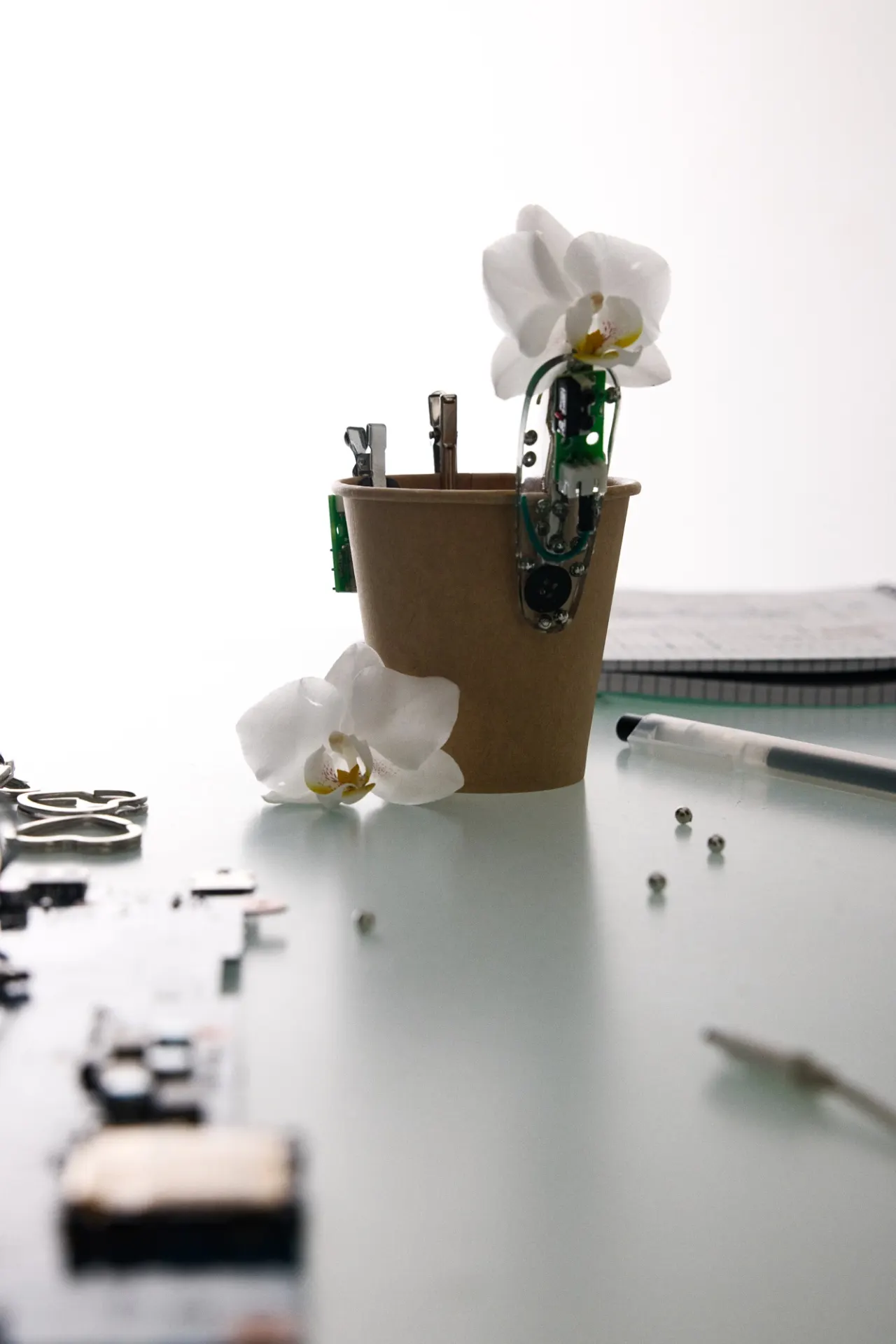 A paper cup with small parts and a white orchid on a desk