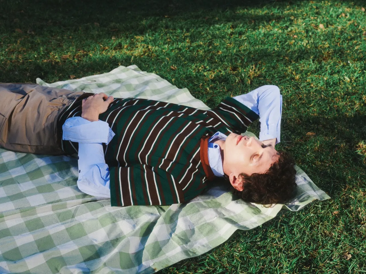 잔디 위 체크 담요에 누워 쉬는 남성